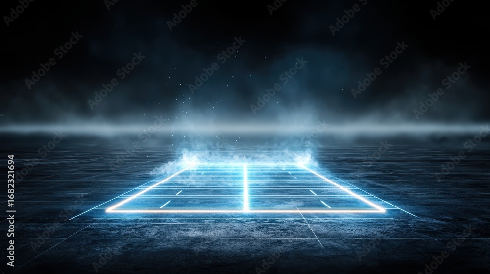 Fototapeta premium logistic plane sky concept. A futuristic tennis court illuminated with glowing lines in a misty, dramatic atmosphere.