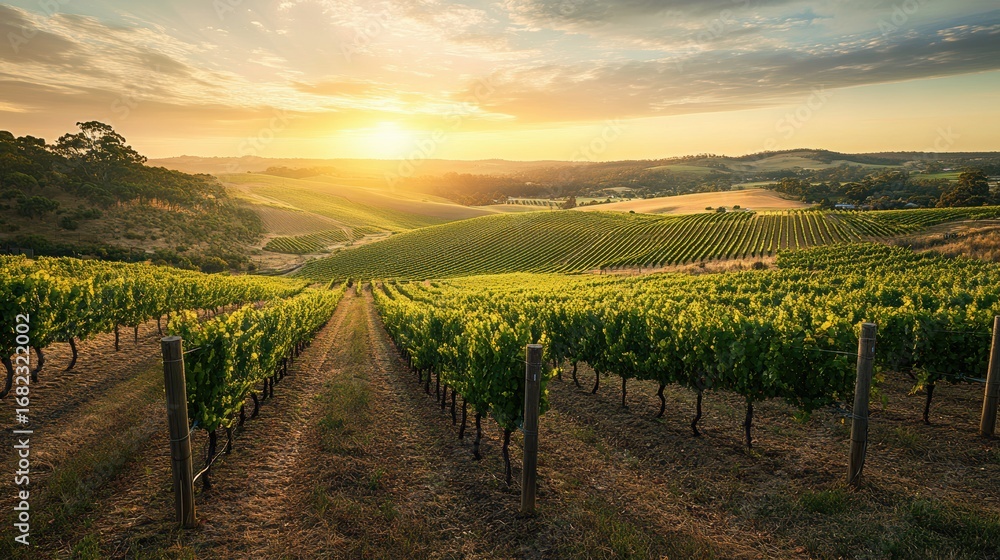 Naklejka premium Vineyard landscape at sunrise in countryside 