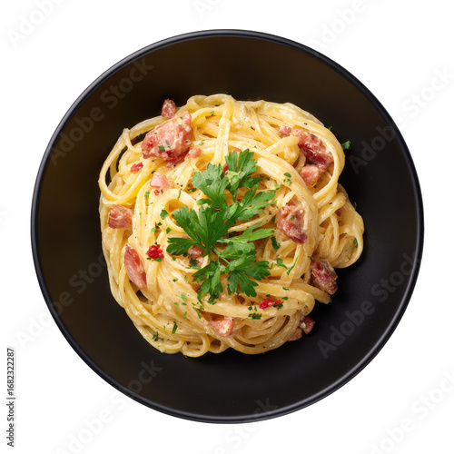 Creamy pasta dish with bacon and herbs