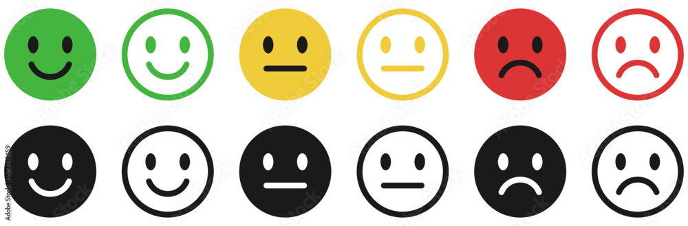 Fototapeta premium happy and sad emoji, feedback rating emoticons - smiley face icon set : positive and negative emojis with red and green colors for customer satisfaction rating