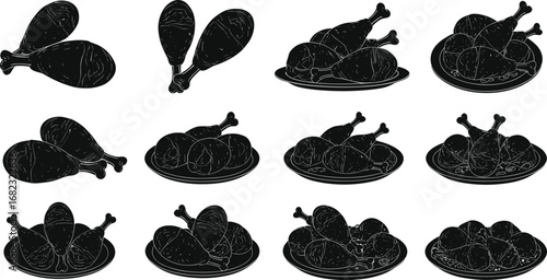 Set of chicken drumsticks on plates, black silhouette food vector, fried meat illustration, poultry meal, restaurant dish clipart