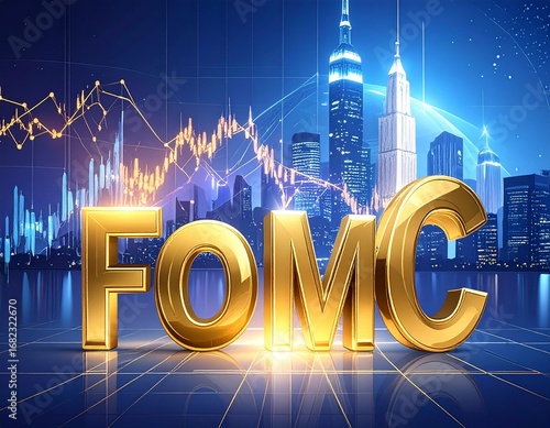 Firefly_bold 3d typography of -fomc- in metallic gold letters, glowing financial chart lines  12279 
