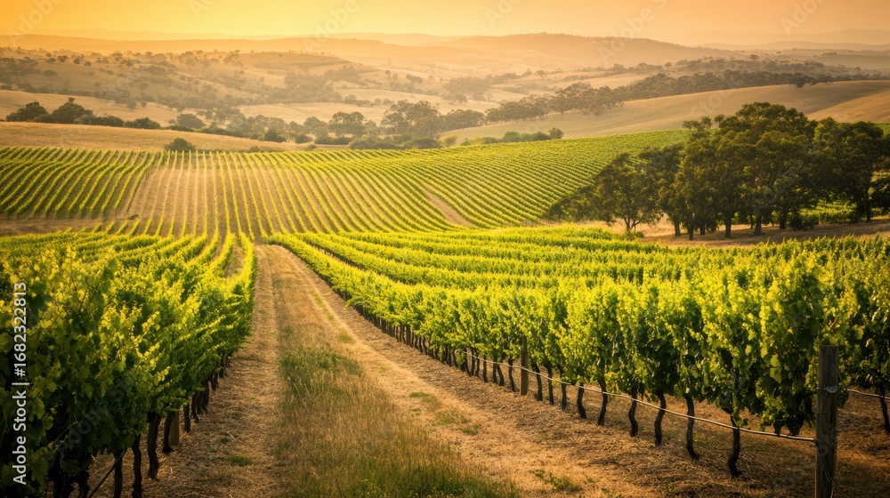 Fototapeta premium Golden hour light over lush green vineyard 