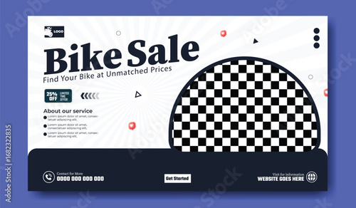 Exciting bike sale announcement featuring a stylized bicycle wheel with checkerboard pattern and bold typography
