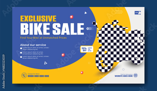 Exclusive bike sale announcement featuring a motorcycle with a black and white checkered pattern and special offers