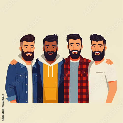 Group of diverse men with beards standing together in a cartoon style illustration.