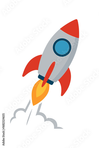 Flat vector illustration of a rocket ship launching upward on a white background