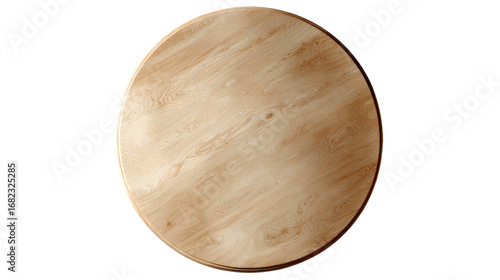 Top view of a round light beige wooden table top.  Smooth, even grain