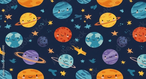 Cute Cartoon Planets and Stars Seamless Pattern on Dark Blue.