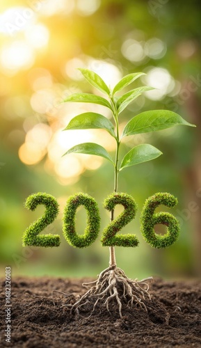 A vibrant young plant sprouts, representing the hopeful future of 2026, rooted in fertile soil.