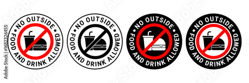 No food or drink allowed sign. No eating or drinking sign. No outside food or drink allowed logo, label, badge, sticker, symbol, stamp, banner, circle, black, line, flat vector, isolated illustration.