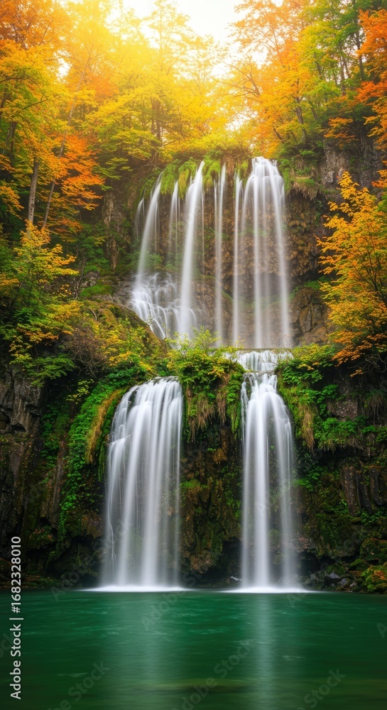 Obraz premium Serene Waterfall Amidst Golden Autumn Foliage forest