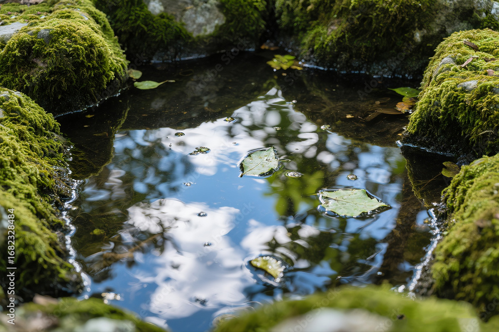 Fototapeta premium Shimmering Pool Surface with Reflections of Sky and Leaves