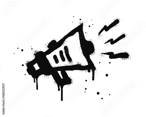Spray painted graffiti megaphone on black over white. loudspeaker doodle illustration. isolated on white background