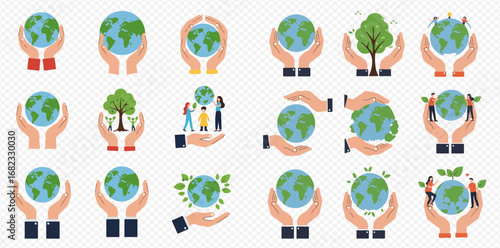 Collection of icons showing hands holding and protecting the Earth with trees and people, symbolizing environmental care and sustainability.