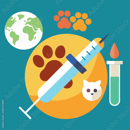 Minimal vector design with syringe, globe, and paw print symbol for rabies prevention.