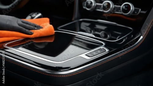 A gloved hand polishes a car's interior dashboard with an orange cloth.