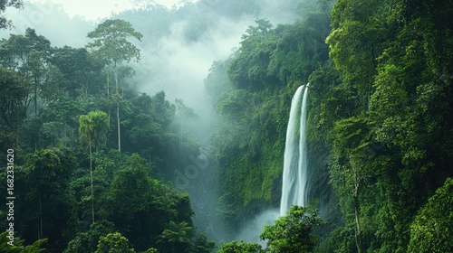 Tall waterfall in foggy rainforest valley  © Zidane