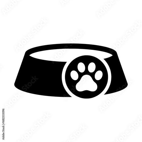 Pet food bowl with a paw print symbol, a simple flat vector icon for animal care and pet supplies
