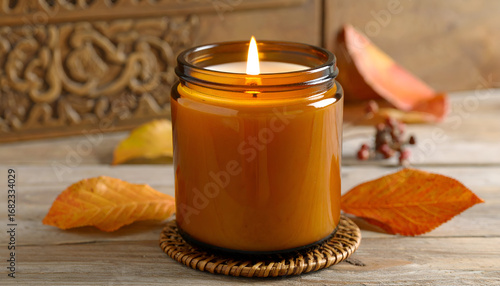 Glowing Amber Candle Rustic Autumn Ambiance
