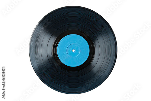 Close-up of a vinyl record with a vibrant teal center