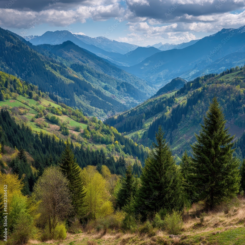 Fototapeta premium Mountain valley vista, lush greenery, and distant peaks