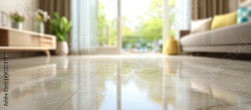 Blurred view of a light beige tile floor in a modern living room with a view