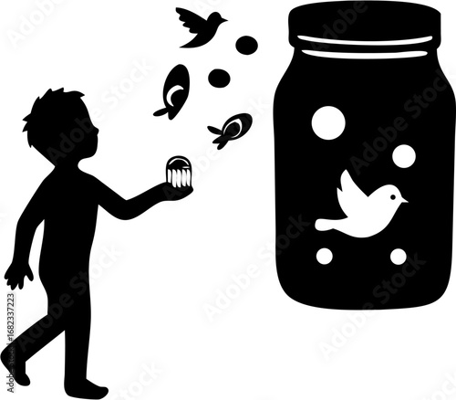 Silhouette of boy releasing birds from a small jar towards a larger jar with a bird inside it design
