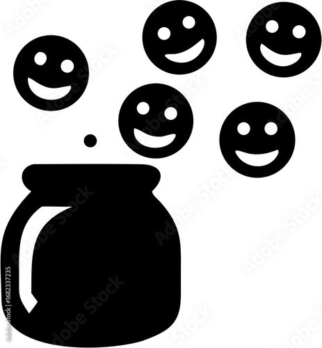 Black jar emitting happy faces upwards in a white background depicting positive emotions and feelings silhouette