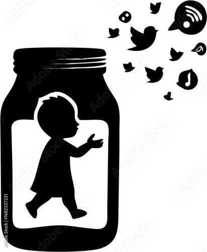 Silhouette of a child in a jar with social media icons floating out representing digital childhood
