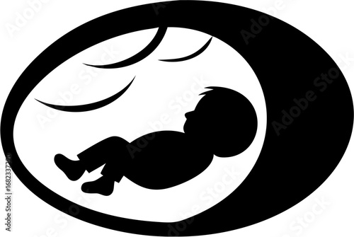 Silhouette of a baby in the womb surrounded by an oval shape with curved lines above the child inside