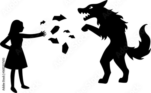 A silhouette of a girl throwing debris at an angry wolf standing on two legs in a defensive posture
