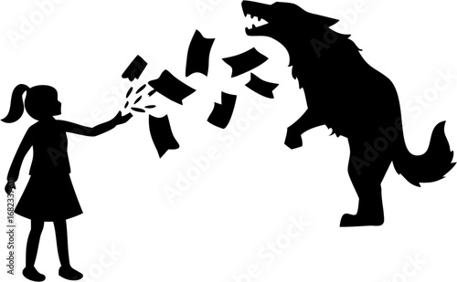 Silhouette of a girl throwing papers towards an angry wolf standing on its hind legs in a black and white scene