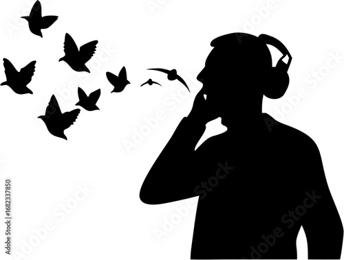 Silhouette of a man with headphones and birds flying from his mouth on a white background illustration