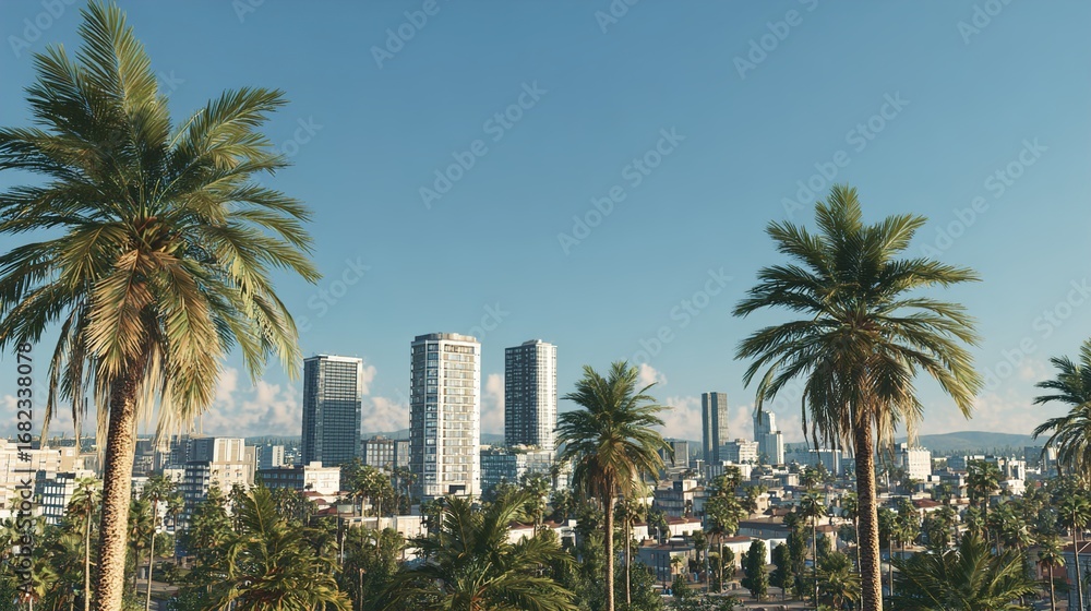 Fototapeta premium Cityscape with palm trees, Los Angeles skyline, sunny day