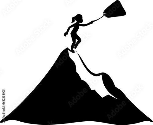 Silhouette of a woman standing on a mountain peak holding a flag in black and white illustration style