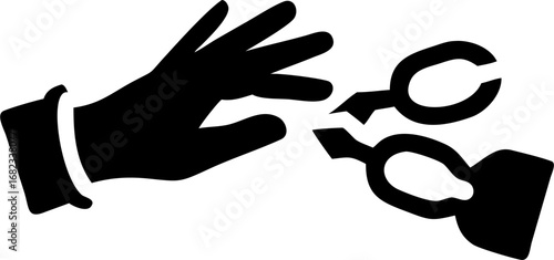 Illustration of a black hand reaching towards two black metal tongs on a white background design image silhouette