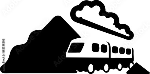 Illustration of a train passing by a mountain with a cloud above it in black and white color scheme silhouette