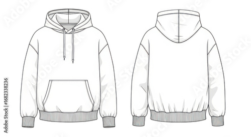 A detailed sketch showcases the front and back views of a stylish white hoodie with a pocket and drawstring isolated on transparent background