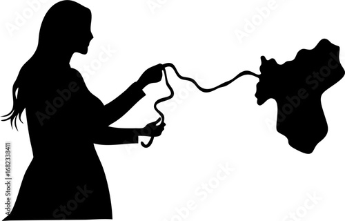 Silhouette of a woman holding a string connected to a cloud like shape in black and white design