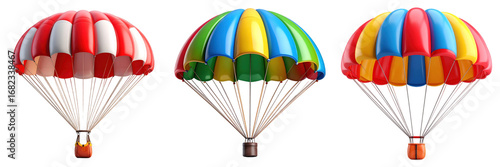 3D Plastic Style Parachutes Icons Against A Transparent Background Featuring Red Green Blue Yellow And Orange Colors Representing Air Travel And Sporting Activities