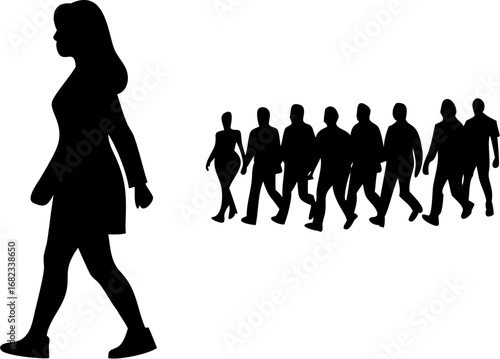 Silhouette of a woman walking ahead of a group of people in a line on a white isolated background view
