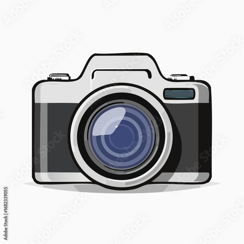 Stylized illustration of a modern digital camera, a graphic icon representing the hobby of photography and the art of capturing moments and memories