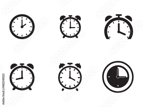 Alarm Clocks and Wall Clocks in Black and White Collection of Timepieces for Design Projects and Illustrations