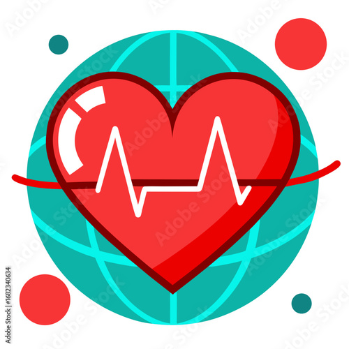 Vector illustration of red heart with heartbeat line and globe background.