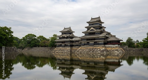 Majestic castle elegantly reflected in still water under soft diffused light. AI Generated