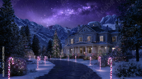 Christmas mansion on a candy cane lane path with a star galaxy just beginning to appear at dusk in the background over silhouetted mountains. Snow falling gently.