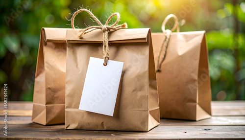 Eco-friendly brown paper bags, one with a blank tag, on a wooden table against a natural green backdrop, ideal for sustainable shopping, gifts, or take-out