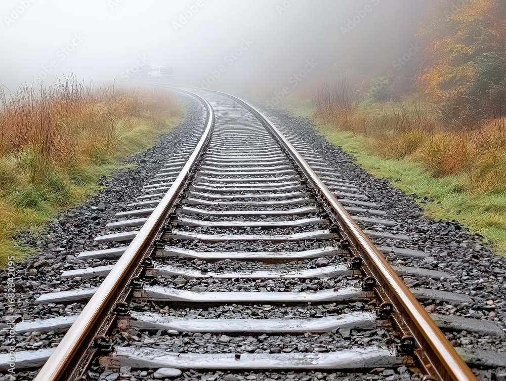 Fototapeta premium railway tracks logistics concept. Foggy railway tracks winding through a serene landscape.