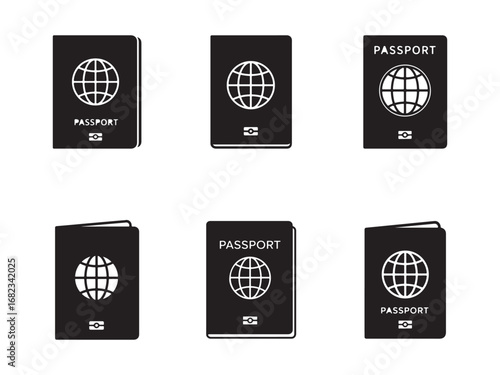 Black and white passport icons for travel identification and international documentation representing citizenship with world globe symbol